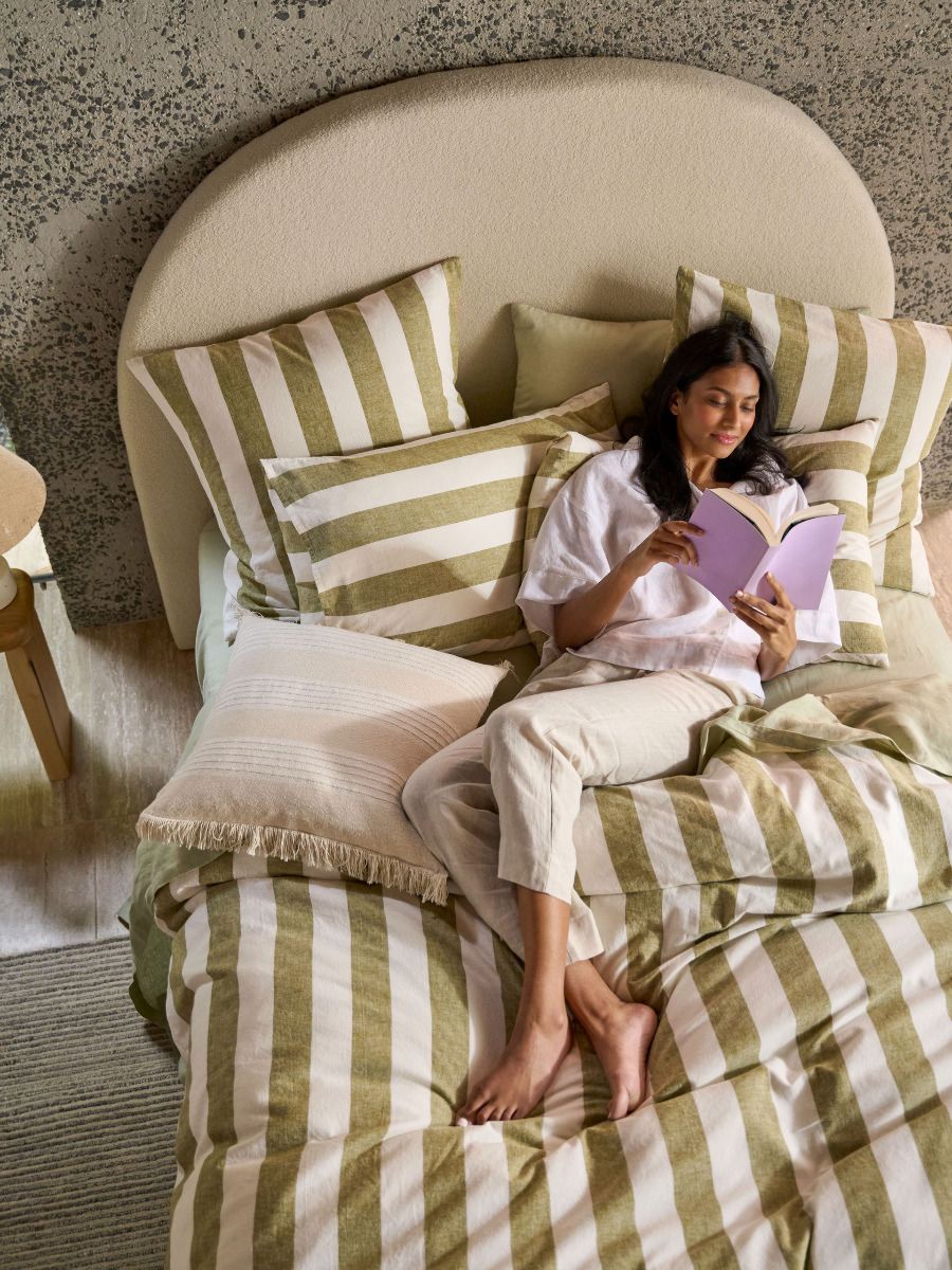 Vintage Stripe Pesto Quilt Cover Set Queen