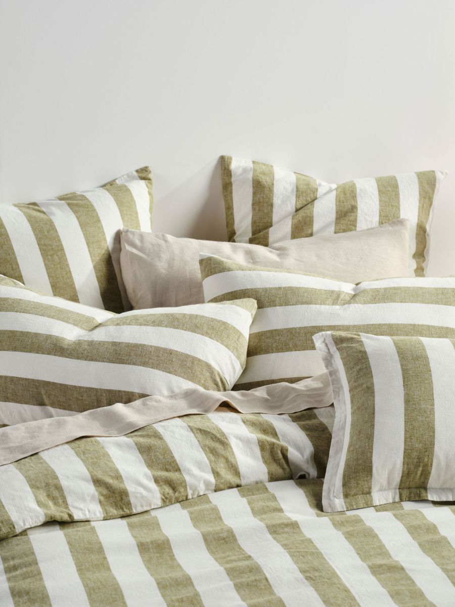 Vintage Stripe Pesto Quilt Cover Set Queen