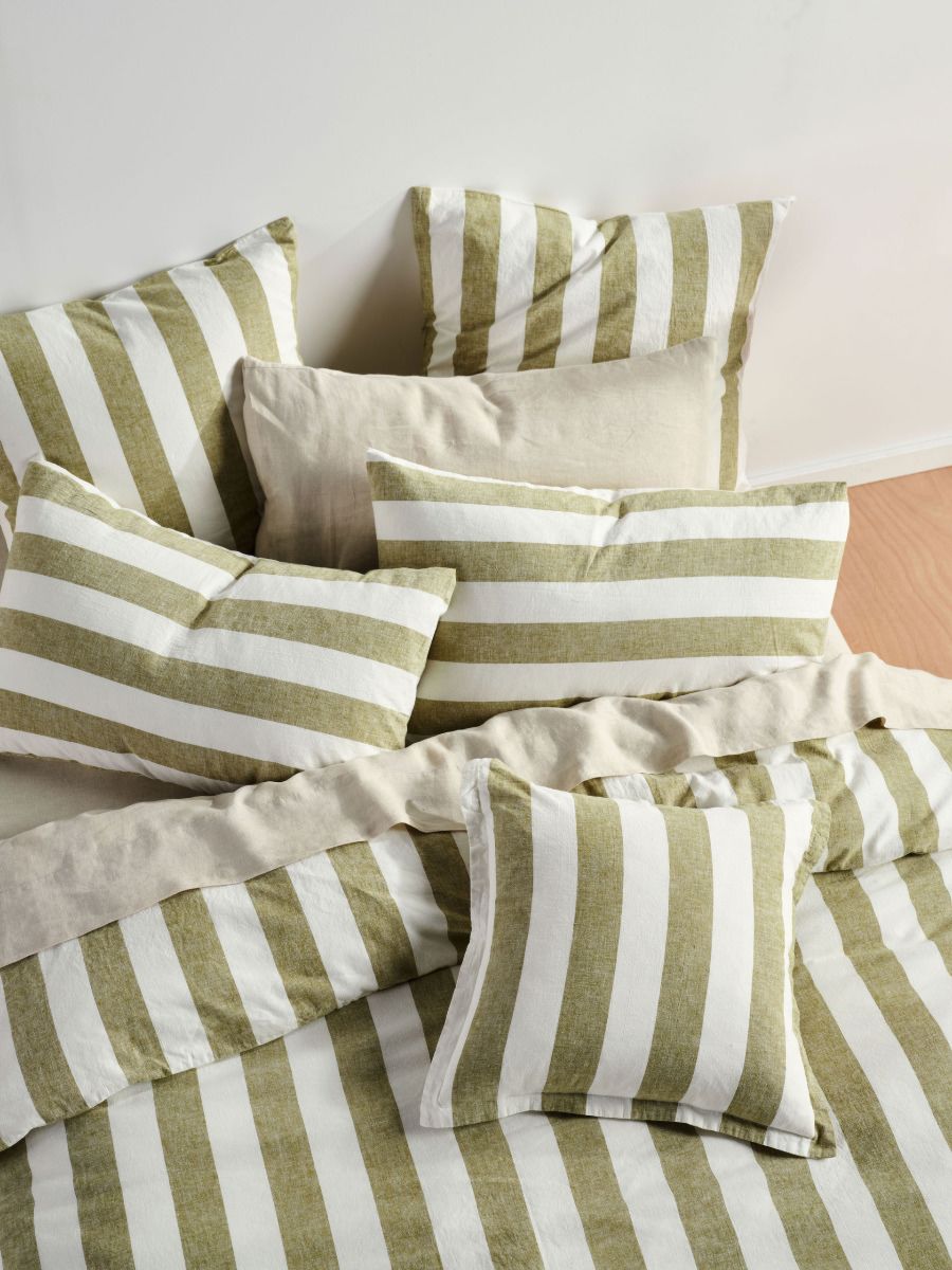 Vintage Stripe Pesto Quilt Cover Set Queen
