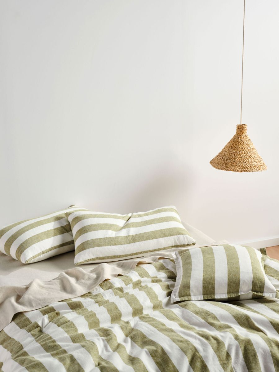 Vintage Stripe Pesto Quilt Cover Set Queen