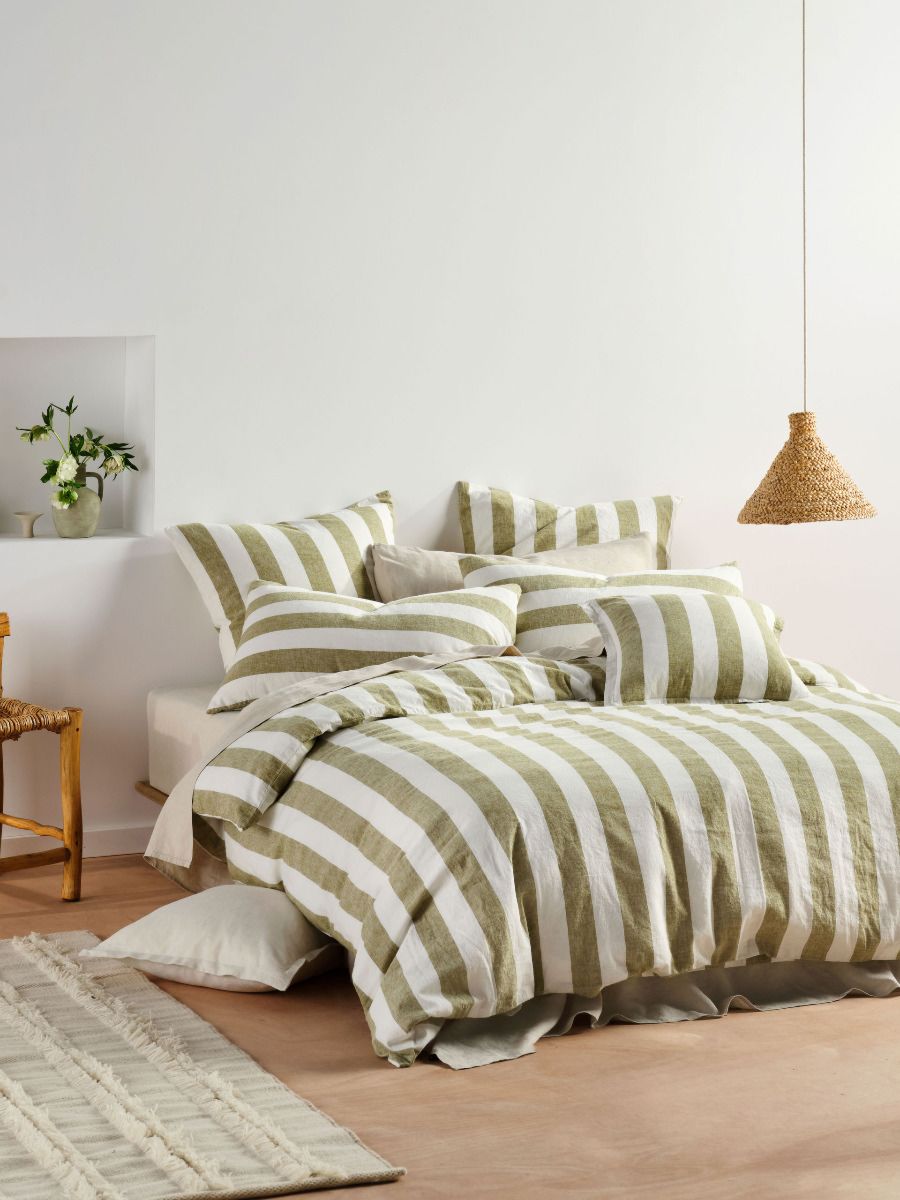 Vintage Stripe Pesto Quilt Cover Set Queen